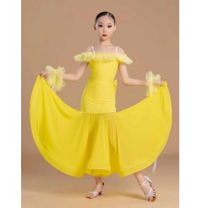 Girls tyellow purple blue white ballroom dance dresses competition walt tango latin dance long dress for children party performance swing skirts